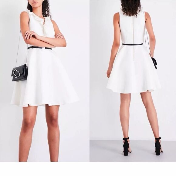 NWT Ted Baker London Ivory Qwinn ruffled Twill V-Neck Front Skater Dresss - Picture 2 of 15